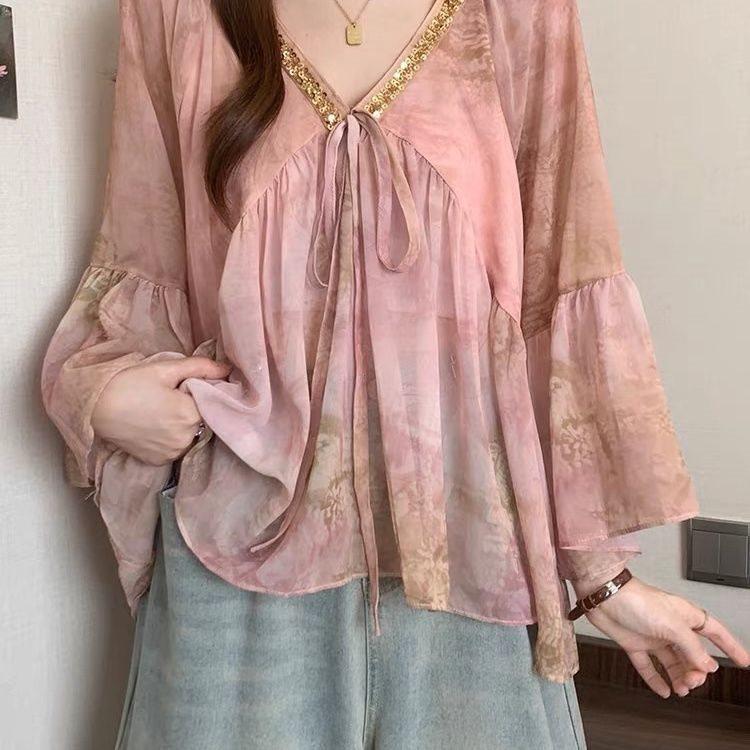 Sommer Chiffonbluse mit 3D-Druck und V-Ausschnitt für Damen