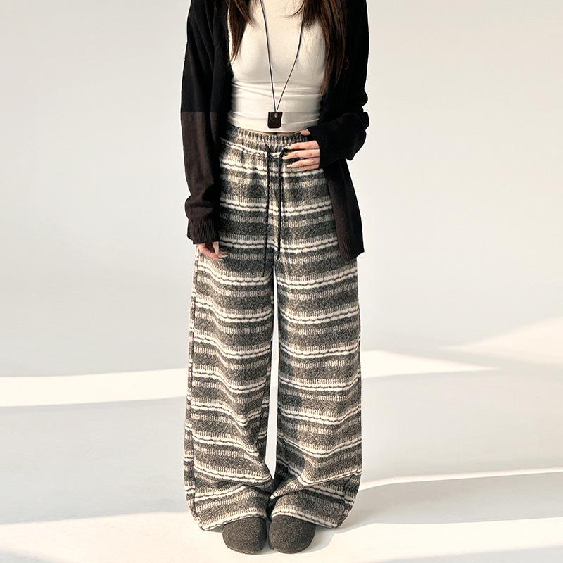 

Women s Retro Color Block High Waist Wide-Leg Knit Pants - Autumn Winter Casual Style Large серый