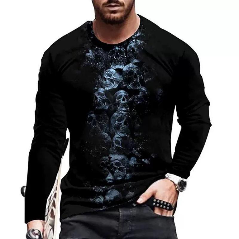 New 3D Skull Printed Street Trendy Loose Casual Men's Round Neck Long Sleeve T-shirt
