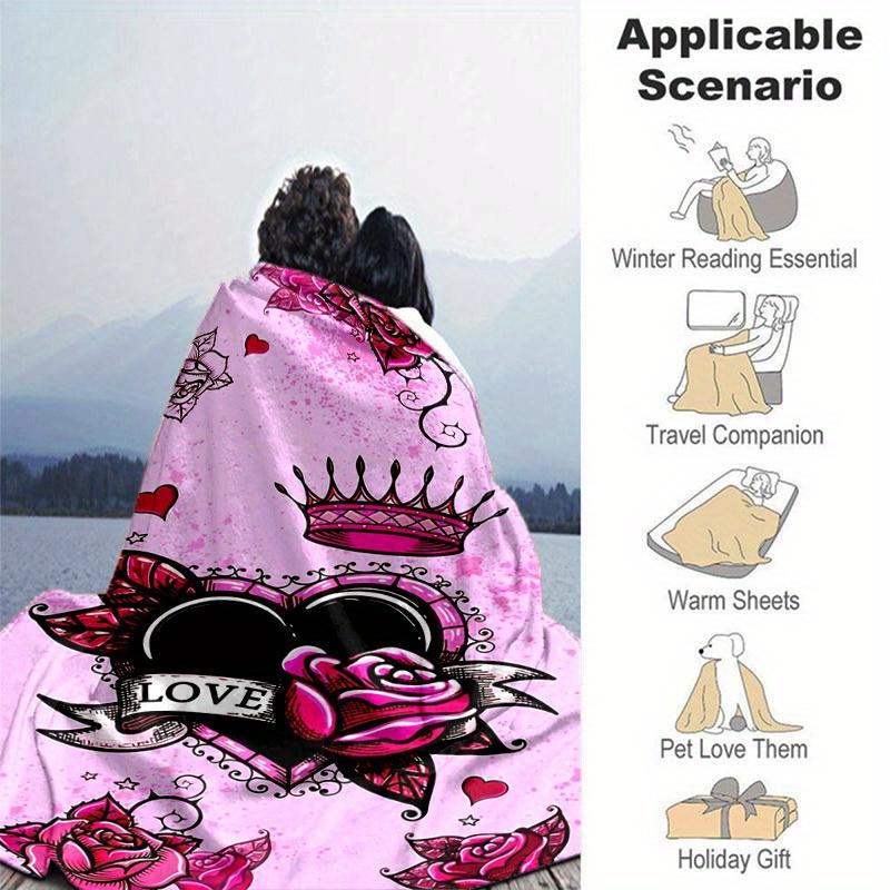 1pc. Pink Roses & Crown Heart Love Home Office Outdoor Blanket