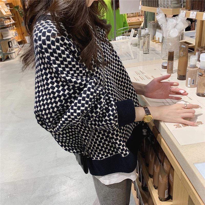 

Ladies Autumn Winter Long Sleeve O Neck Pullover Plaid Knitted Blouse Sweater Top one size