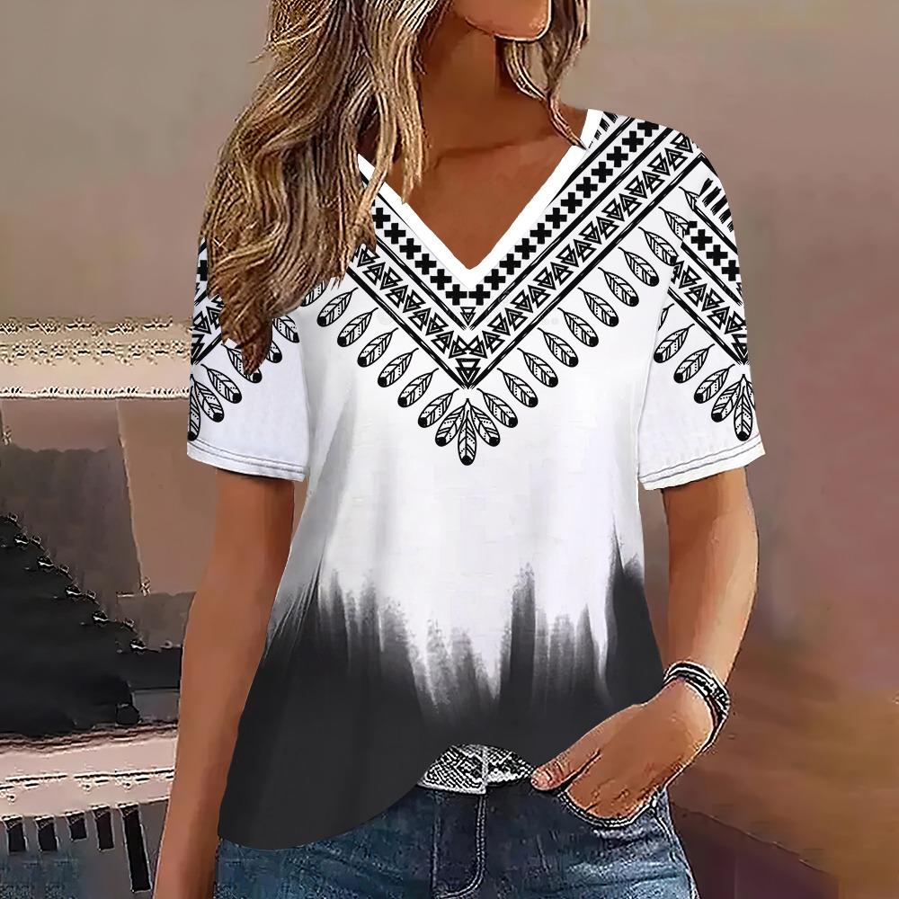 Fashion Women T-Shirt Stripes Print Gradient V-Neck Short Sleeve Basic Tops Streetwear Summer Oversized Clothing Female T-Shirts