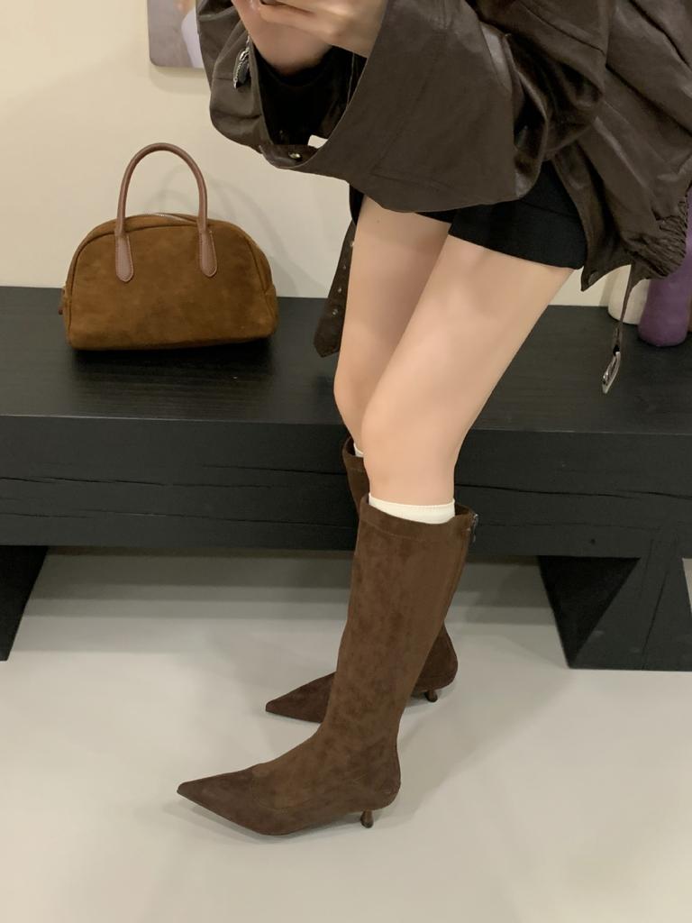 2025 New Fashion Versatile European and American Style Suede Pointed Head Thin Heel Low Heel Boots Thin High Boots Women