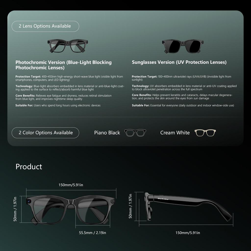 Blackview BV300 Smart Glasses HD Camera Built-in AI Bluetooth Speakers Photochromic Lenses