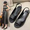 Women Sandals Summer Casual Peep Toe Sandals Thick Soled Slingback PU Leather Sandals Solid Chunky Shoes Sandalias Mujer
