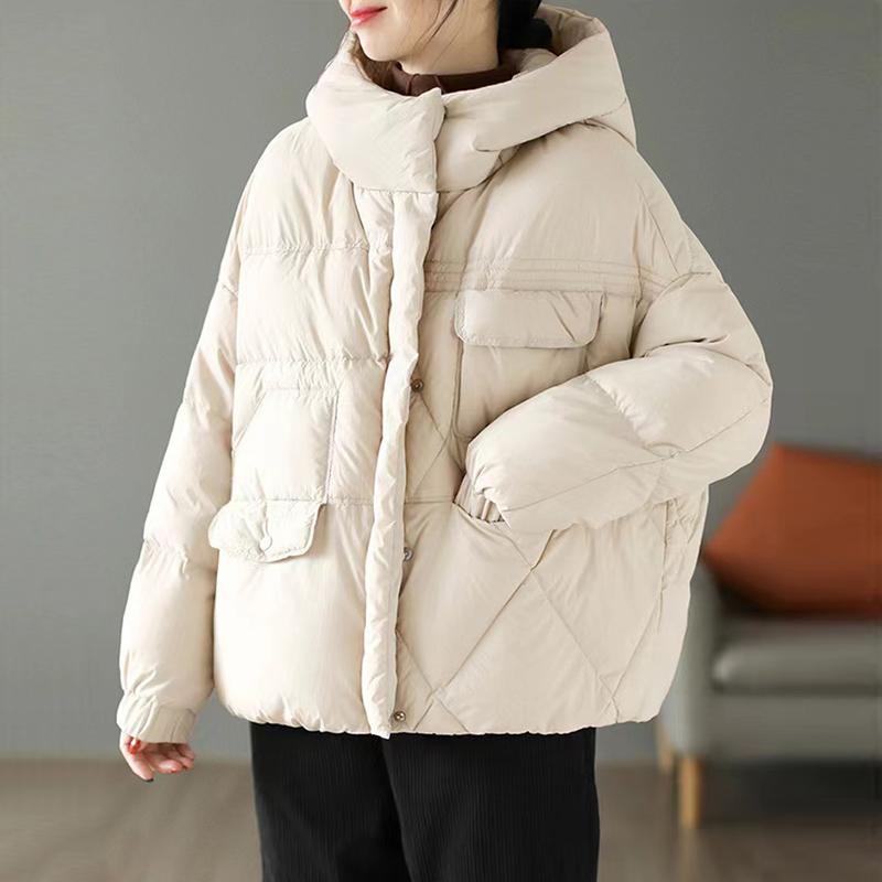 Giacca corta in piumino invernale da donna alla moda, cappotto caldo con cappuccio in piuma d'anatra bianca
