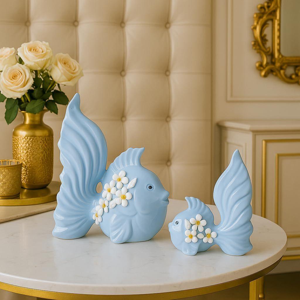 Modern Minimalist Sky Love Fish Art Figures | Beautiful Home Decor- (Set of 2 pc, Sky)