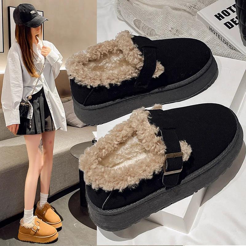 Fashion Korean Version of Thick Sole Woolen Shoes Women 2024 Winter New Wear Round Head Warm Plus Cashmere Fashion Casual Cotton Shoes