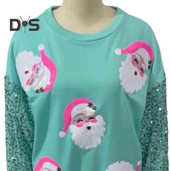 Women Christmas Sweatshirt Sequin Cartoon Pattern Round Neck Long Sleeve Loose Mid Length Pullover Party Holiday Top