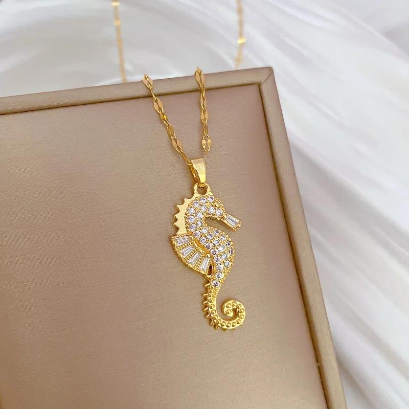 Fashion Zircon Hippocampu Seahorse Pendant Necklaces for Women Men Hip Hop Stainless Steel Chain Jewelry Gifts for Lover Friends