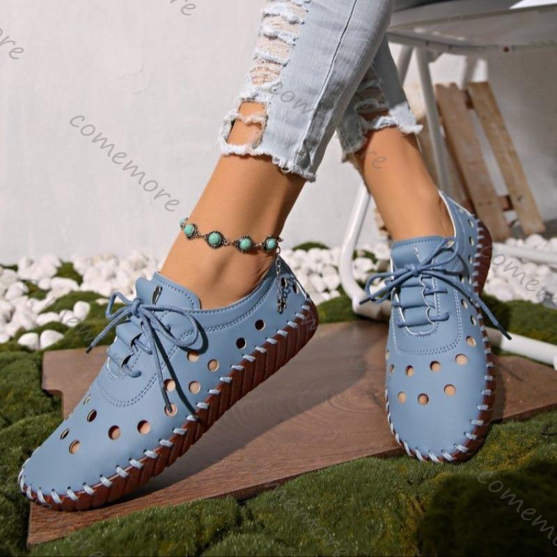 Comemore Spring Summer Women Flats Hollow Out Lace Up Hole Single Shoes for Women Casual Soft Leather Soft Sole Sneakers Shoes