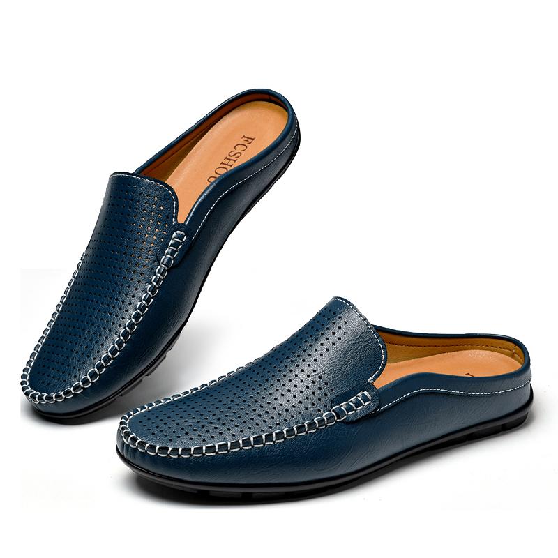 Men's Plus Size Genuine Leather Mules Male Summer Casual Shoes Breathable Comfy Sandals Open Back Low-heel Slippers