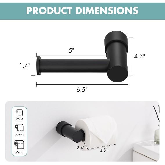 Bathroom Toilet Paper Holder, Modern Matte Black Tissue Roll Holder Wall Mounted, 5 Inch Paper Towel Holder Easy Install for Kitchen Washroom