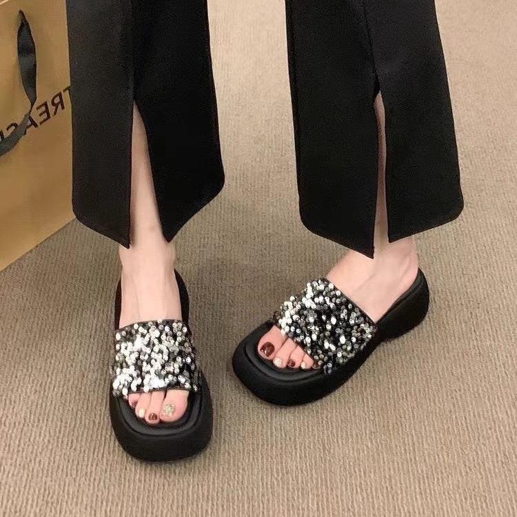 Slippers outer wear women's summer platform sandals half slippers women's sequins muffin bottom one word cool slippers comfortable and versatile