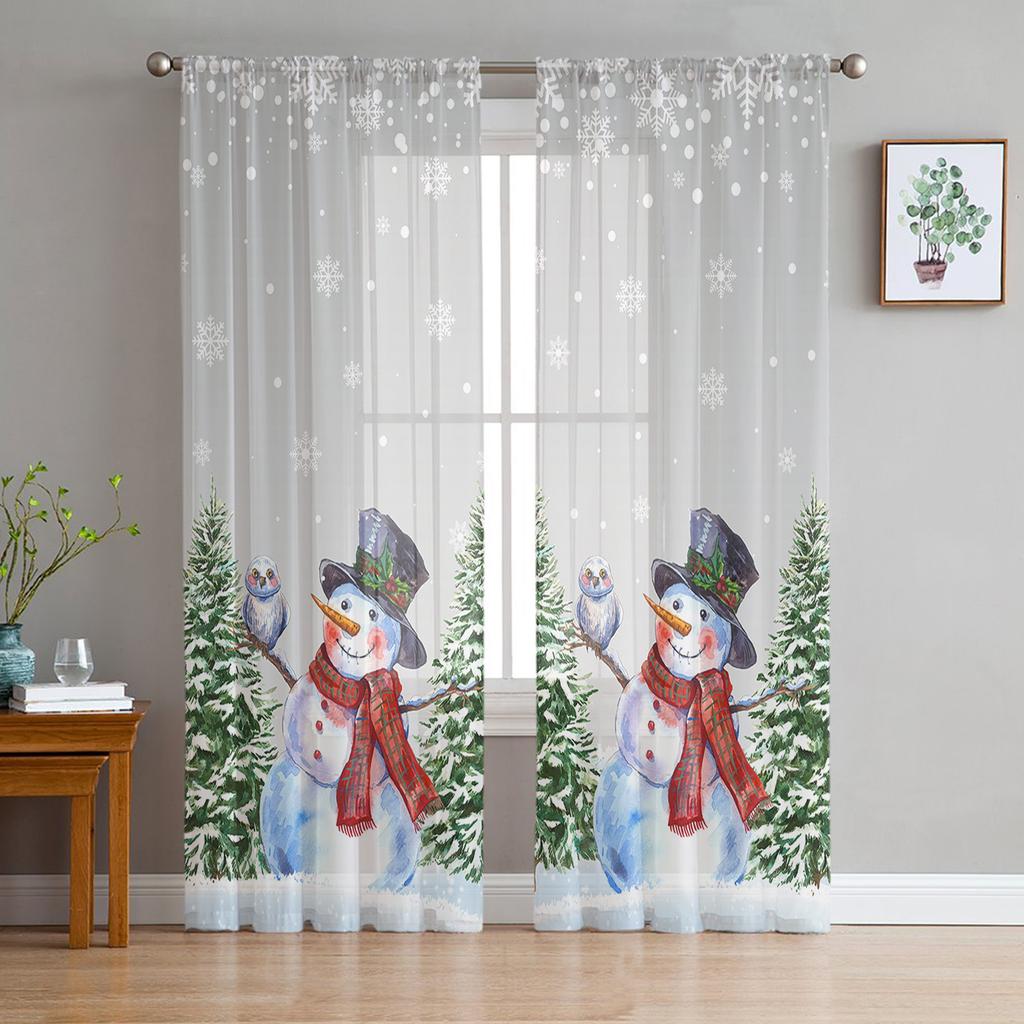 Christmas Christmas Tree Leaves Green Red Tulle Sheer Window Curtains for Living Room Bedroom Decor Voile Curtains Drapes