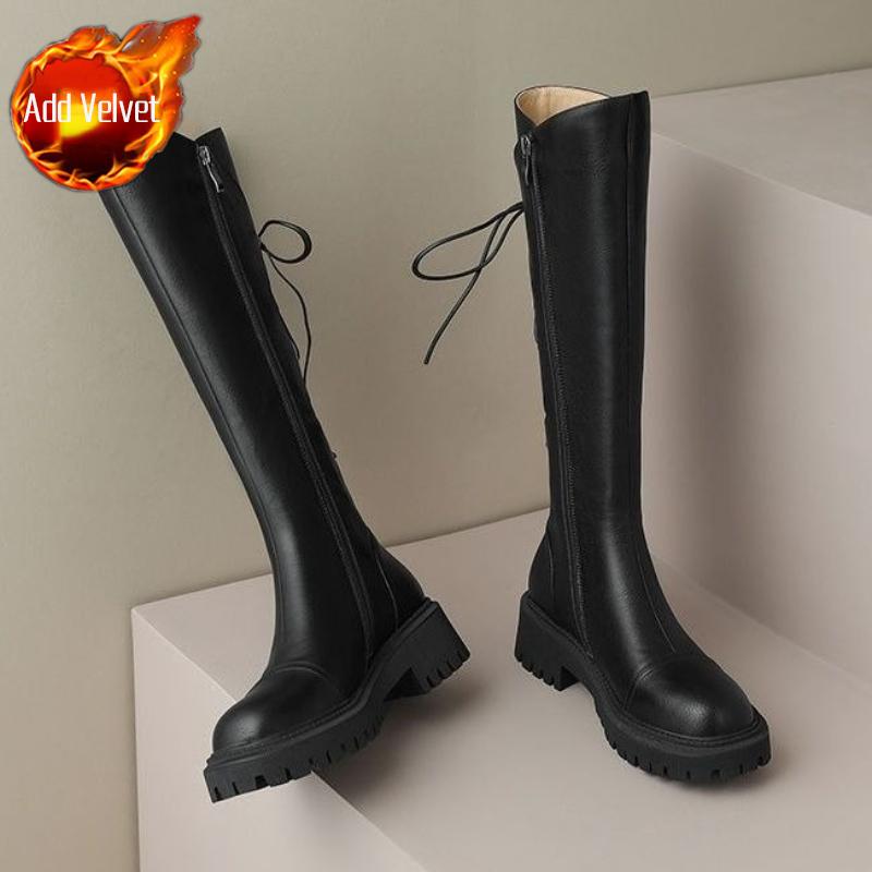 Fashion Autumn Winter Leather Fleece-Lined Platform Round Toe Long Boots for Women Trend 2025 Gyaru Lace-up Knee High Shaft Shoes Woman