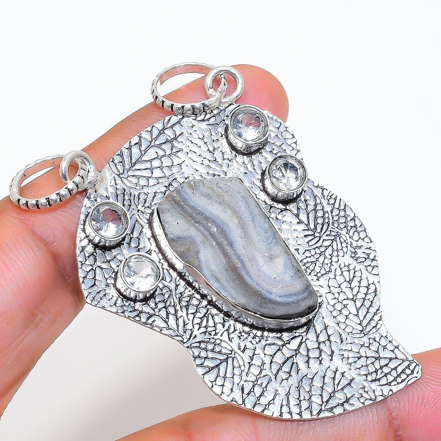 Natural Desert Rose Druzy, Topaz 925 Sterling Silver Jewelry Pendant 2.48" ZS-569