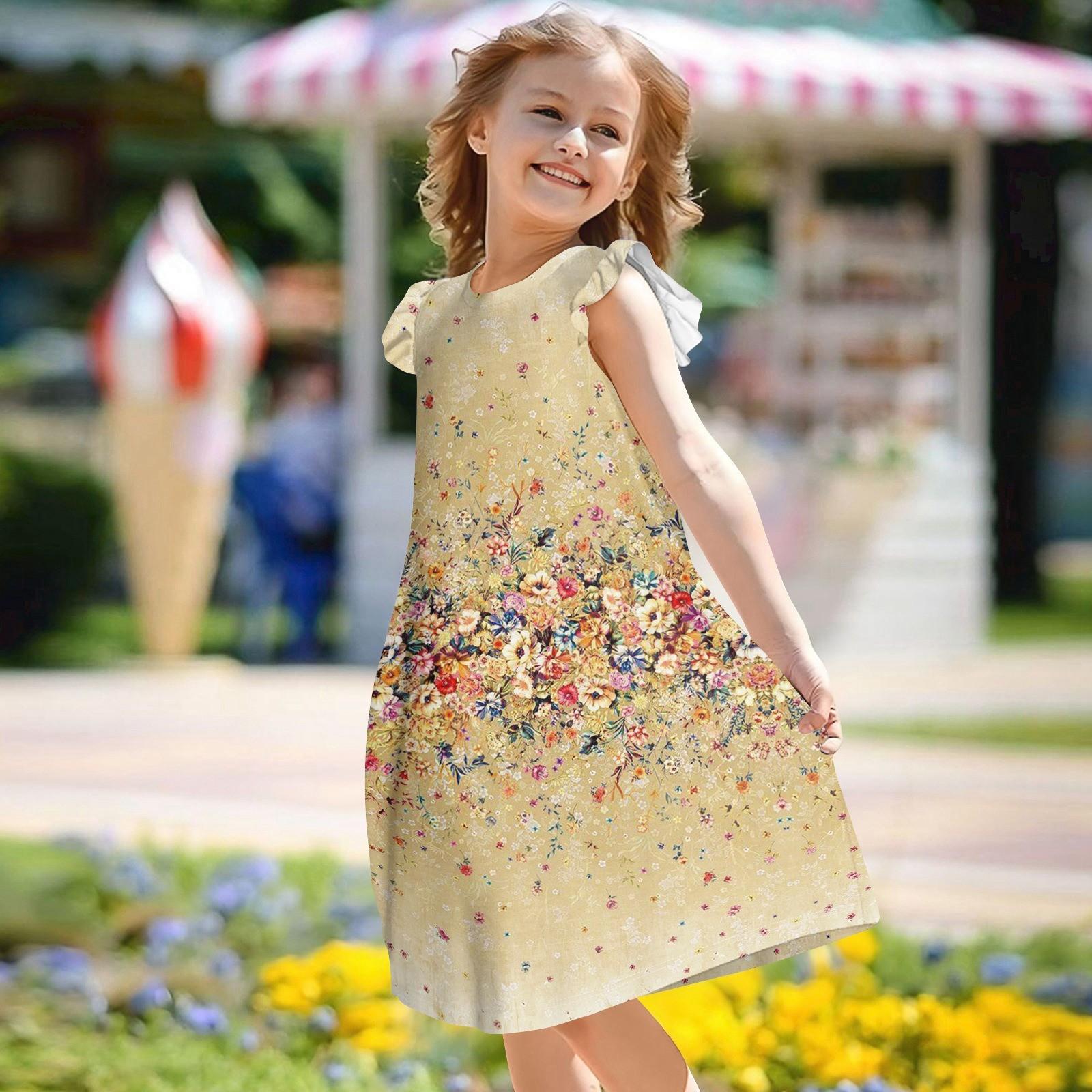 Children s Flying Sleeve Round Neck Summer A-Line Casual Holiday Floral Print Loose Dress 150 золотой
