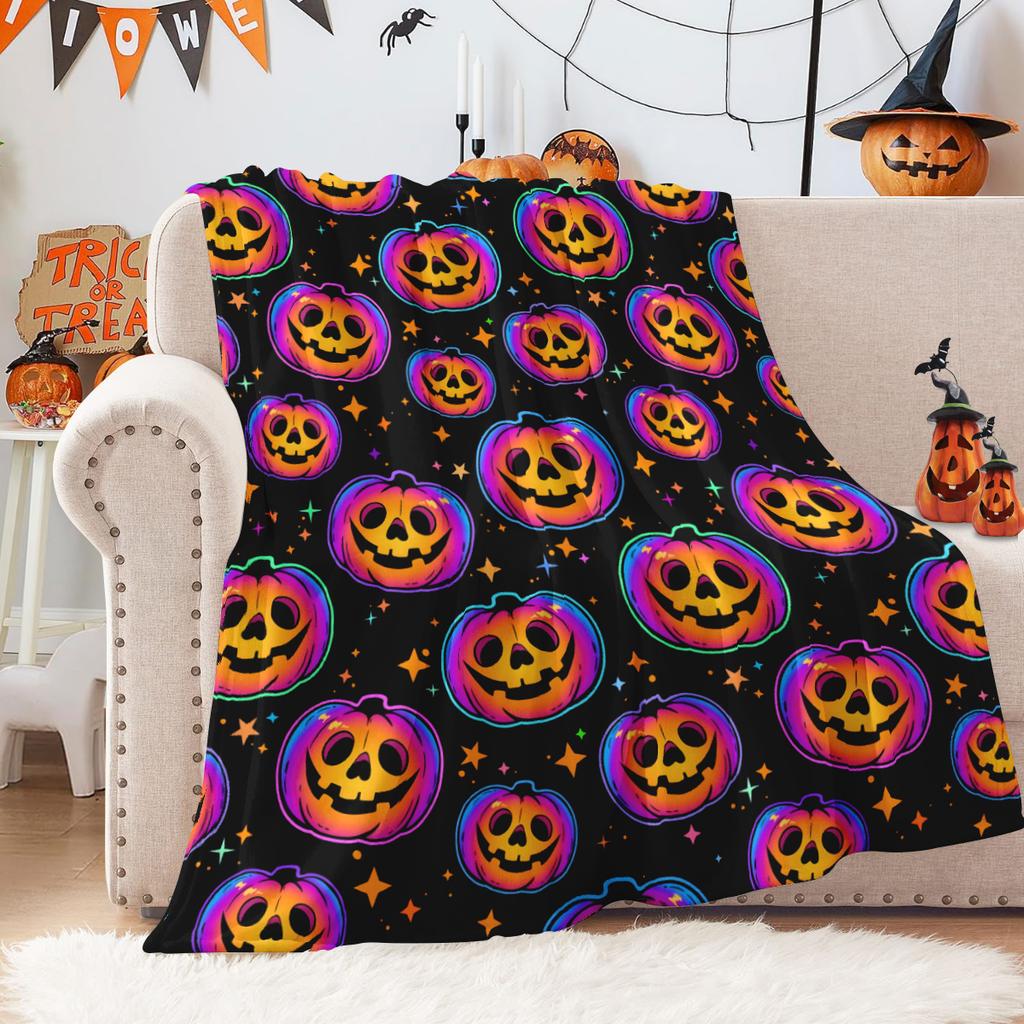 1pc Halloween pumpkin lantern orchid velvet blanket, pumpkin lantern skull print blanket, nap warm small cover blanket