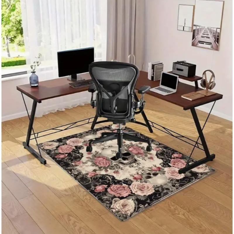 Gothic Skull Floral Pattern Area Mat Non-Slip Rectangle Floor Mat for Indoor Outdoor Garden Patio Handmade Polyester Decorative