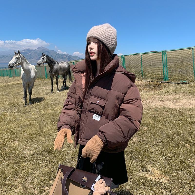 Short Skinny 0 Season Stand Neck Hooded Down Cotton Clothing Warm Solid Color Bread Clothing Jacket