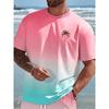 Summer Men'S Casual Athletic Outfit, Hawaiian Style Gradient Design, Round Neck Short Sleeve T-Shirt And Elastic Waist Shorts