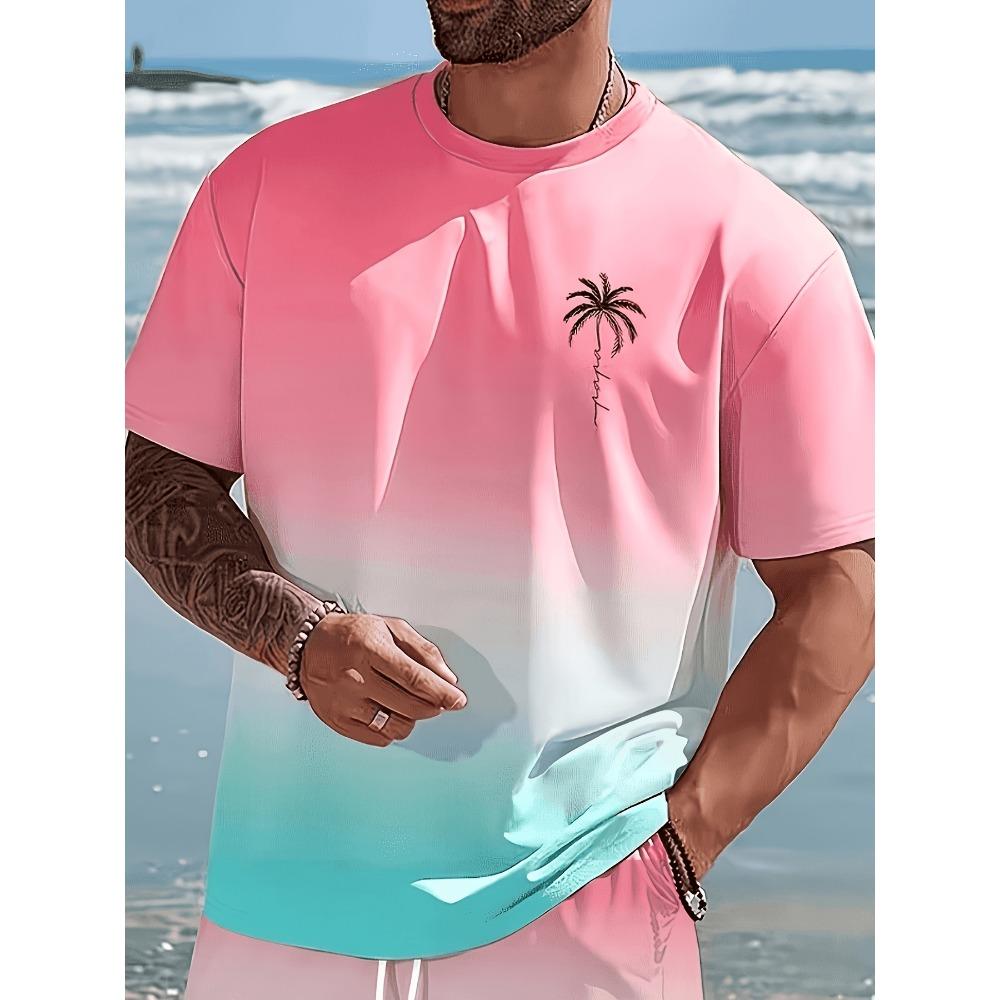 Summer Men'S Casual Athletic Outfit, Hawaiian Style Gradient Design, Round Neck Short Sleeve T-Shirt And Elastic Waist Shorts