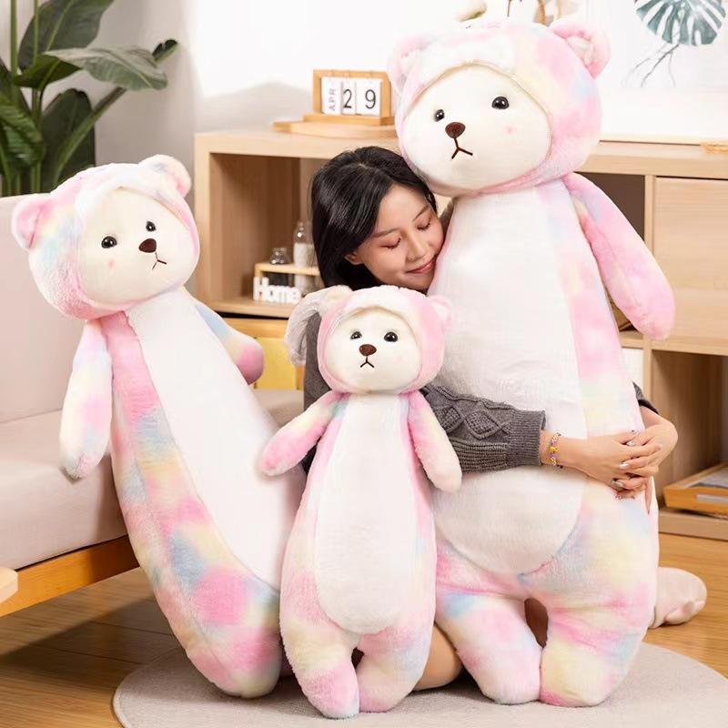 Colorful bear turned strawberry bear long plush throw pillow sofa cushion girls bed sleeping leg pillow bedside pillow