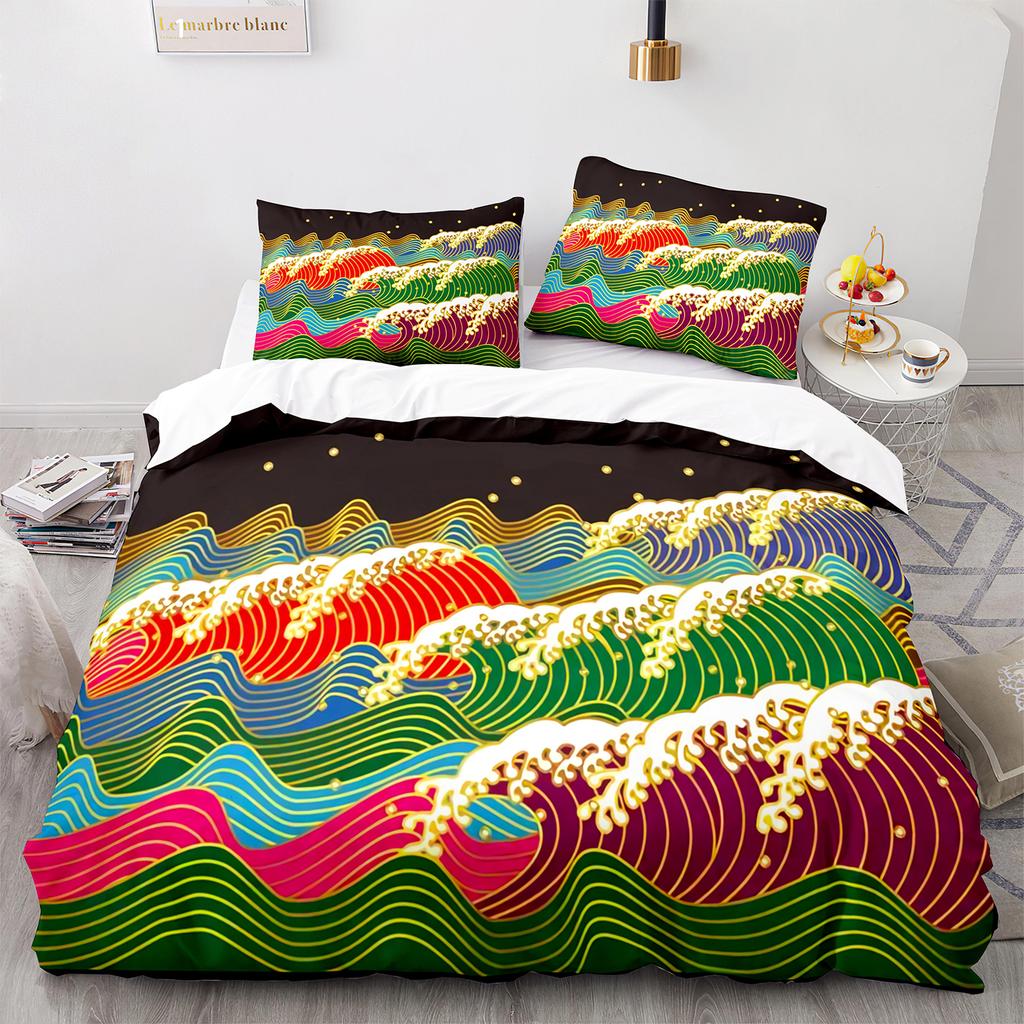 Ukiyo-e Duvet Cover Set King Queen Full Size  Theme Wave Pattern Polyester Bedding Set Fuji Mountain Exotic Abstract Style