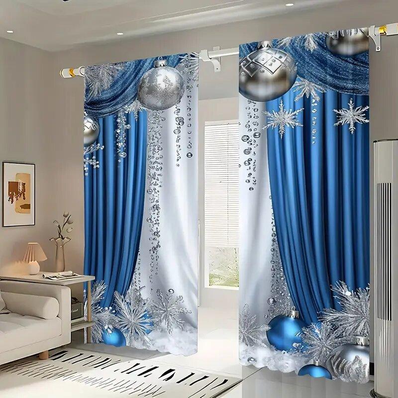 Niebieskie zasłony z nadrukiem świątecznym, odpowiednie do sypialni i salonów, dekoracja domu, dekoracja rodzinna, Boże Narodzenie