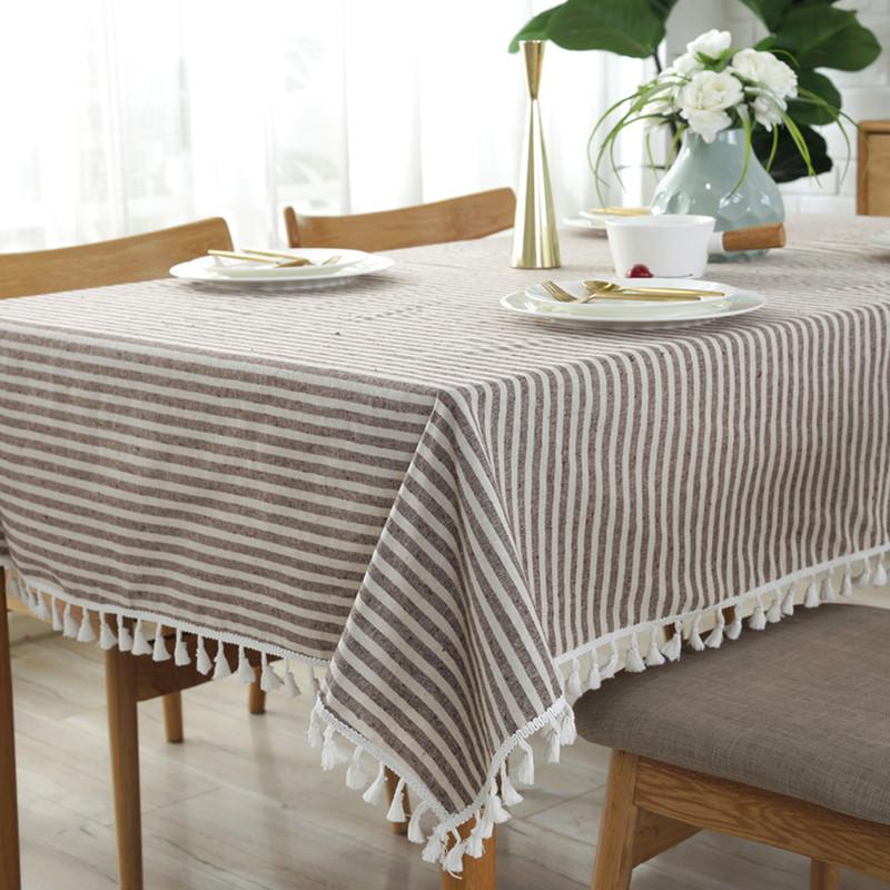 Minimalist Striped Tablecloth Cotton Linen Tassel Anti Scalding Table Mat Rectangular Universal Dustproof Decorative Desk Cover
