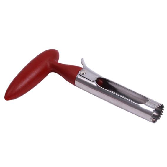 

Инструмент для удаления сердцевины из нержавеющей стали. Практичное устройство с вырубленным ядром плодов вишни. красный