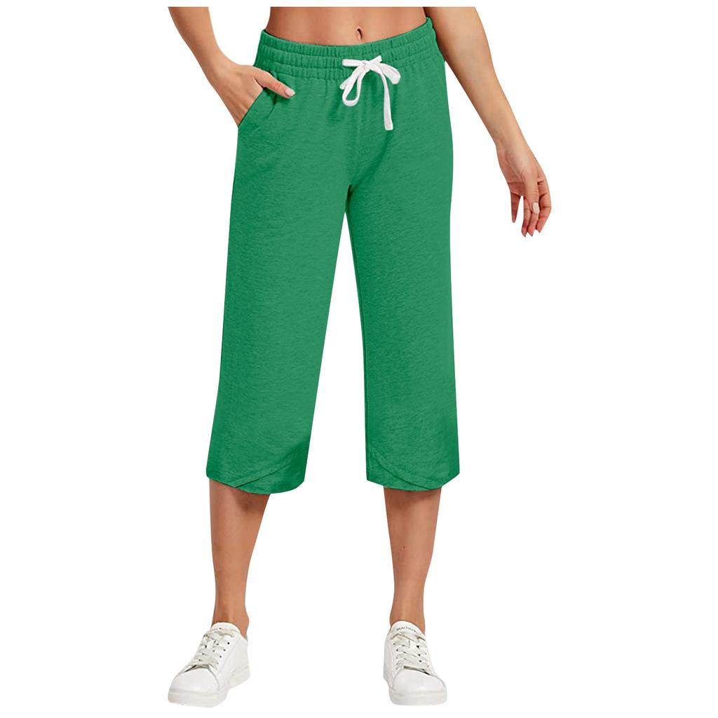 Summer Women's Wide Leg Pants Solid Irregular Pants Legs Casual Drawstring Women's Capris With Pockets