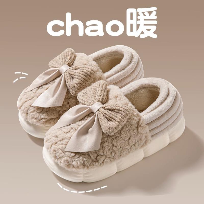 Fashion Woman Retro Fashion Bow Cotton Slippers Female Autumn Winter Indoor Home Slippers 2025 Warm Soft Plush Girls Cotton Footwear