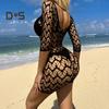 Women Summer Beach Cover Up Hollow Out Long Sleeves Slim Fit Low Cut V Neck Backless See Through Bikini Beach Mini Dress Beach Mock
