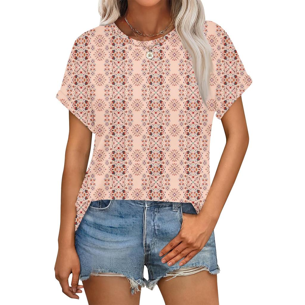 Damen Casual Mode Rundhals Umgeschlagener Saum Kurzarm Blumenoberteil