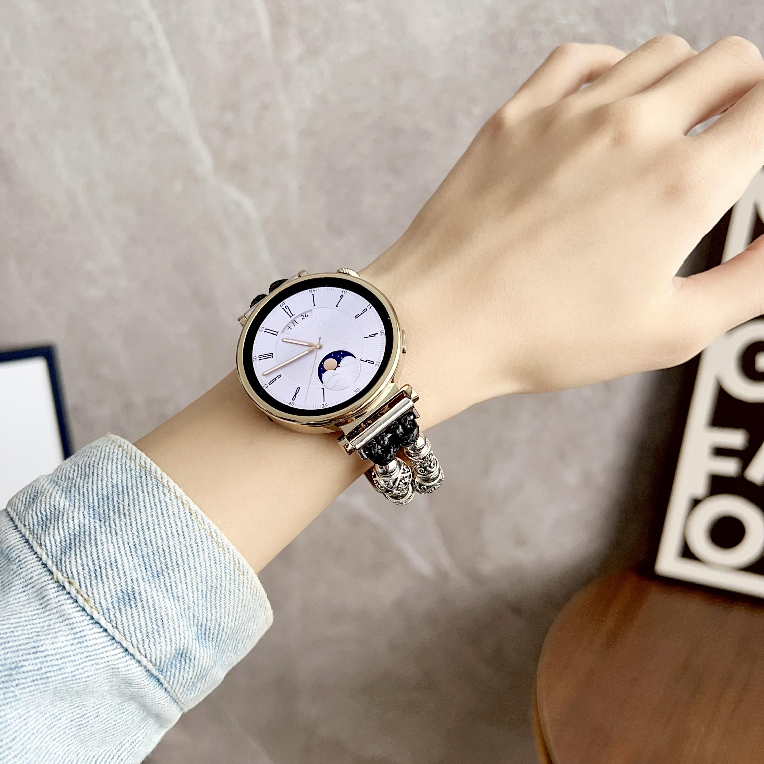 

For Huawei Watch GT 4 41mm/Garmin Venu 3S 18mm Watch Band PU Leather Beads Wrist Strap Black