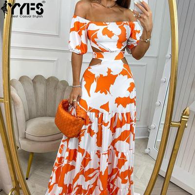 Damenmode Sommer Frühling Farbblockdruck Kurzarm Eine Schulter Hohe Taille Freizeitkleider