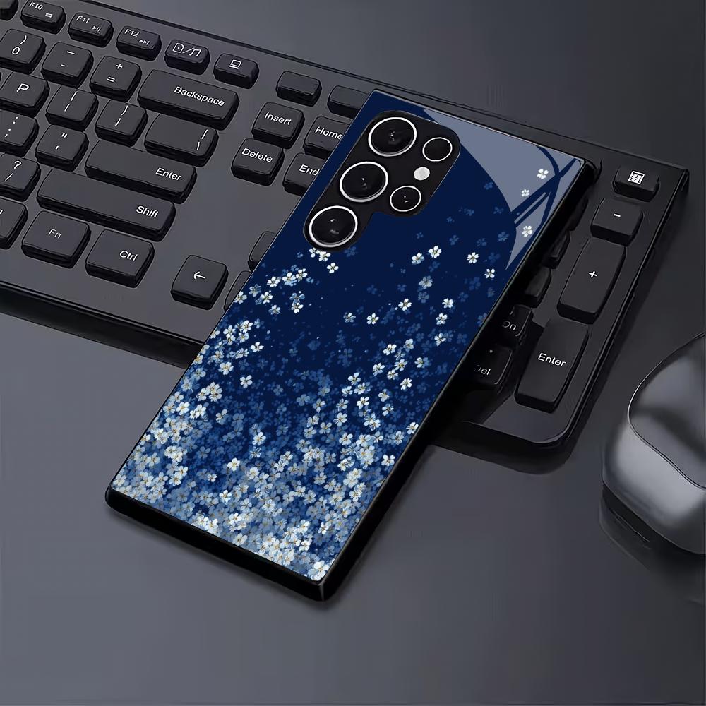Blue flower tempered glass phone case suitable for Samsung Galaxy S26 S25 S24 S23 S22 S20 FE/Ultra/Plus anti drop back cover