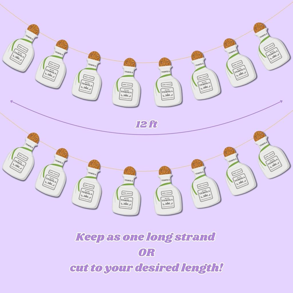 Tequila Bottle Banner (16pc, 12ft Gold String) 21st Birthday Decorations, Moo Moos and Margaritas Margs and Matrimony Garland Bachelorette Party