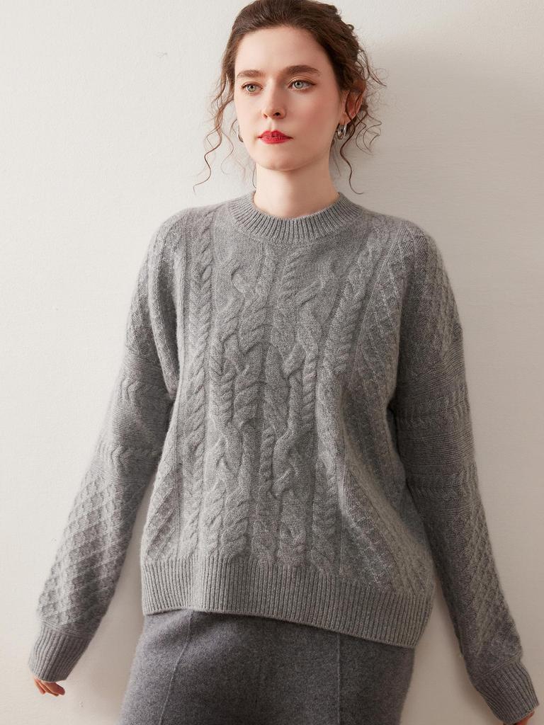 Women's Super Thick Cashmere Sweater: Round Neck, Soft, Fluffy, Loose Fit, Versatile Cable Knit for Autumn/Winter.