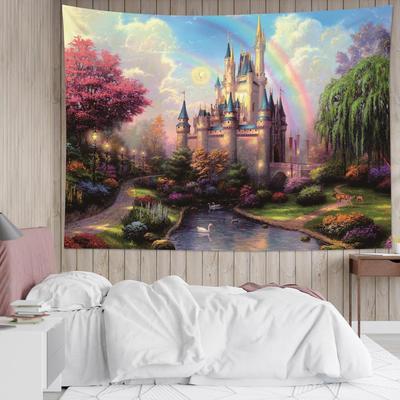 Castle Tapestry Trees And River In Fantasy Forest Wall Hanging Fairy Tale Tapestries For Kids Bedroom Living Room Dorm Party