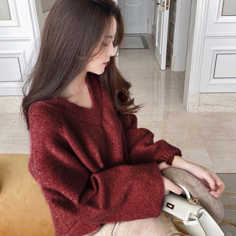 Dámský svetr s výstřihem do V měkký lepkavý podzimní a zimní volný nošení lucernové rukávy dlouhý rukáv pletený spodní svetr dámský
