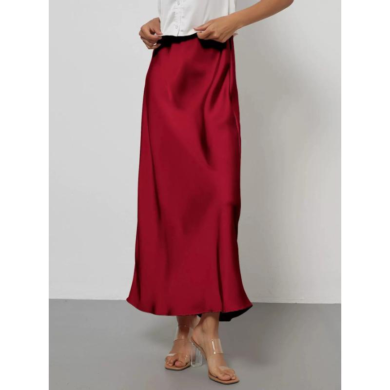 Gonne lunghe eleganti in raso estive da donna, tinta unita, vita alta, moda Faldas