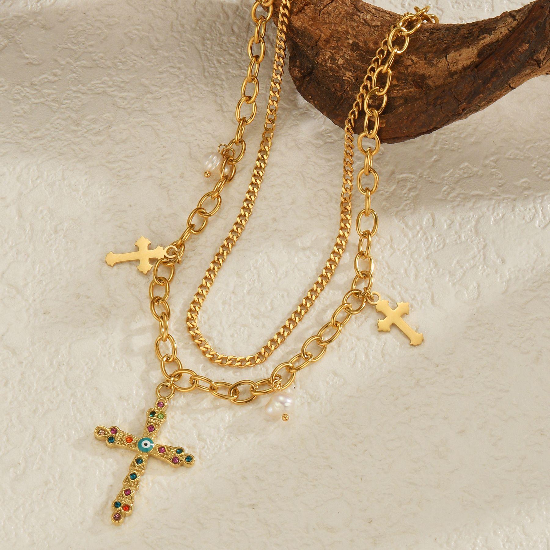 High Quality Stainless Steel 18K Gold Plated Cross Pendant Necklace Zircon Enamel Double Layer Waterproof Fashion Jewelry