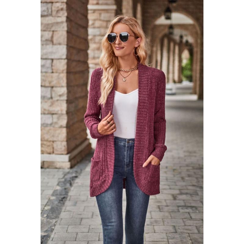 Einfarbige Strickjacke, Vielseitige Langarm-Taschen-Strickjacke, Frühlings- und Herbst-Strickjacke, Damenbekleidung