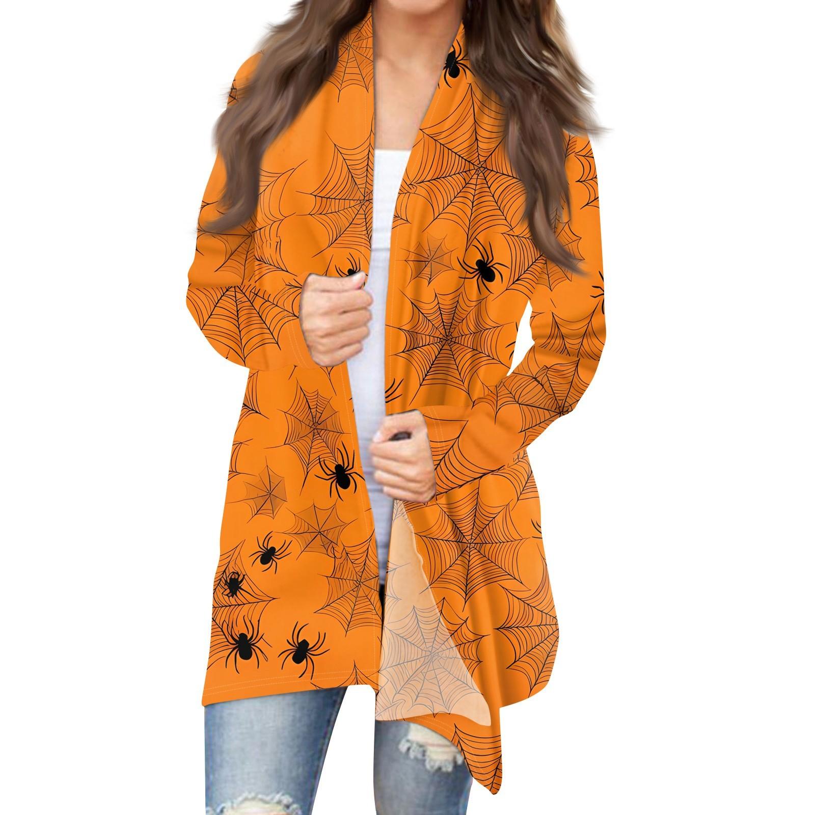 

Women s Halloween Print Long Sleeve Front Cardigan Printed Top Lightweight Jacket L помаранчевий