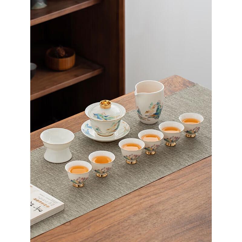 

Белый Фарфоровый Чайный Набор для Кунг-Фу с Инкрустацией Золотом и Нефритом