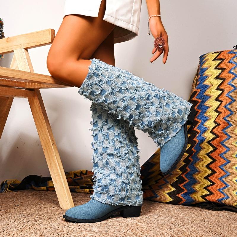 Fashion Autumn Denim Square Heel Boots Women Knee High Pointer Toe Heels Shoes Woman Trend Chelsea Boots Mujer Gladiator Botas