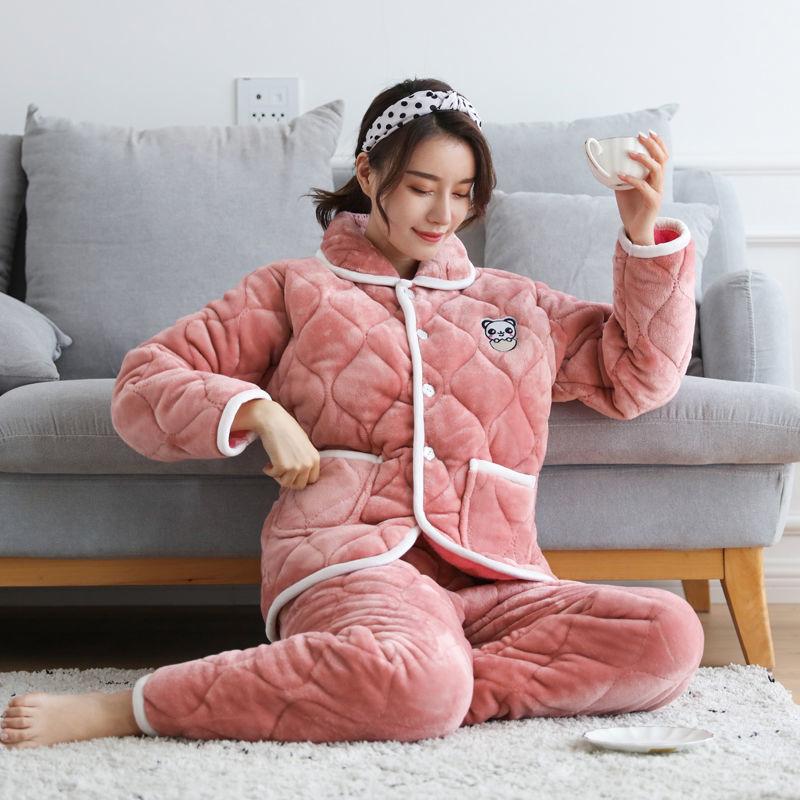 Pajamas women's three-layer thickened and cute winter can wear large-size warm padded loungewear